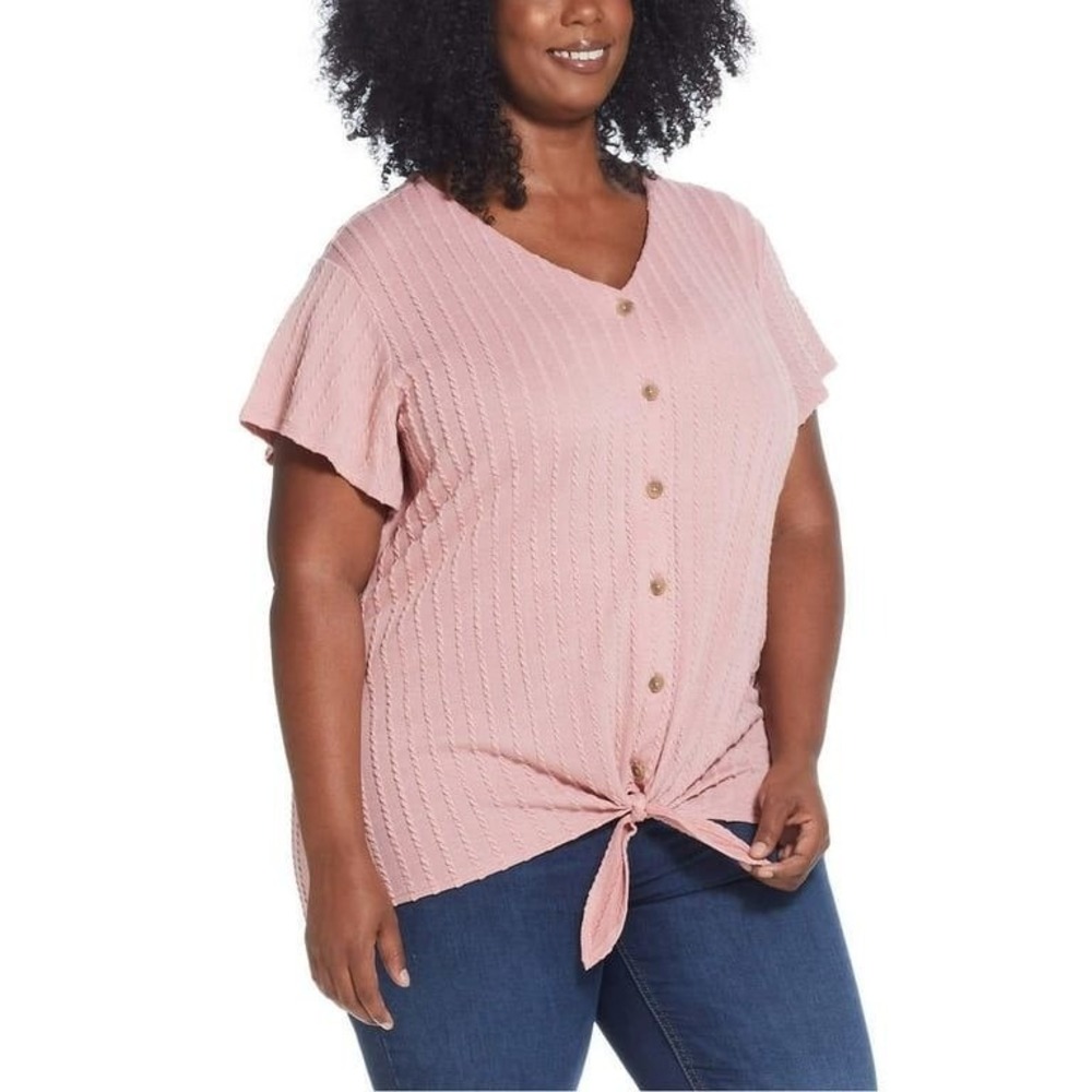 Weatherproof Vintage Pink Textured Button Front Tie Top XXL Soft Boho Romantic‎